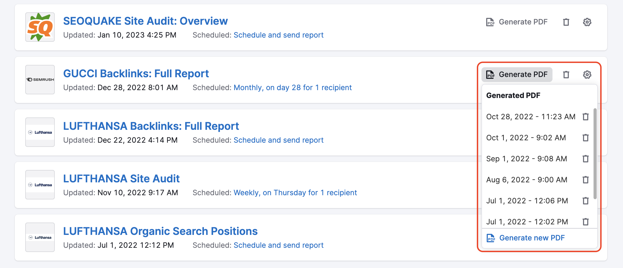 List of generated reports