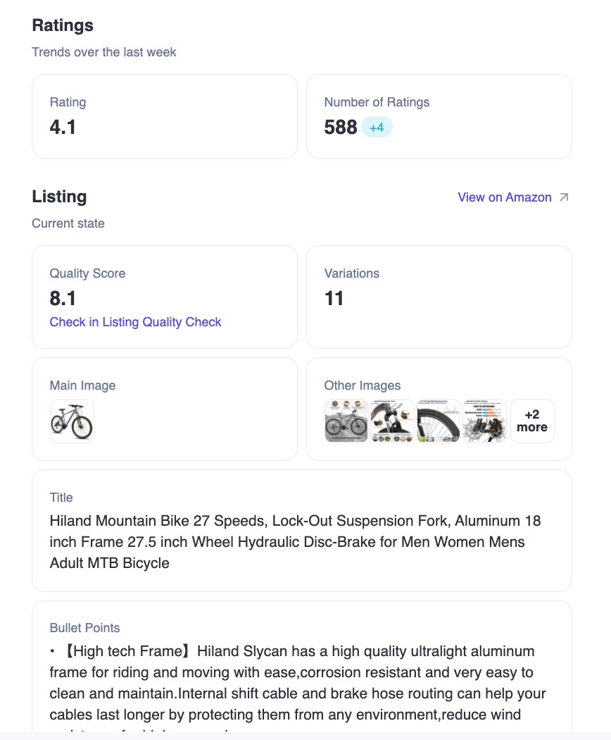 A screenshot of the report shows the “Ratings” and “Title/Bullet Points” sections. There are images of the listing, the full title of the listing, the Listing Quality Check score, the number of product variations, and the bullet point descriptions of the product.