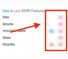 A red arrow and red box show the new and lost SERP feature icons.