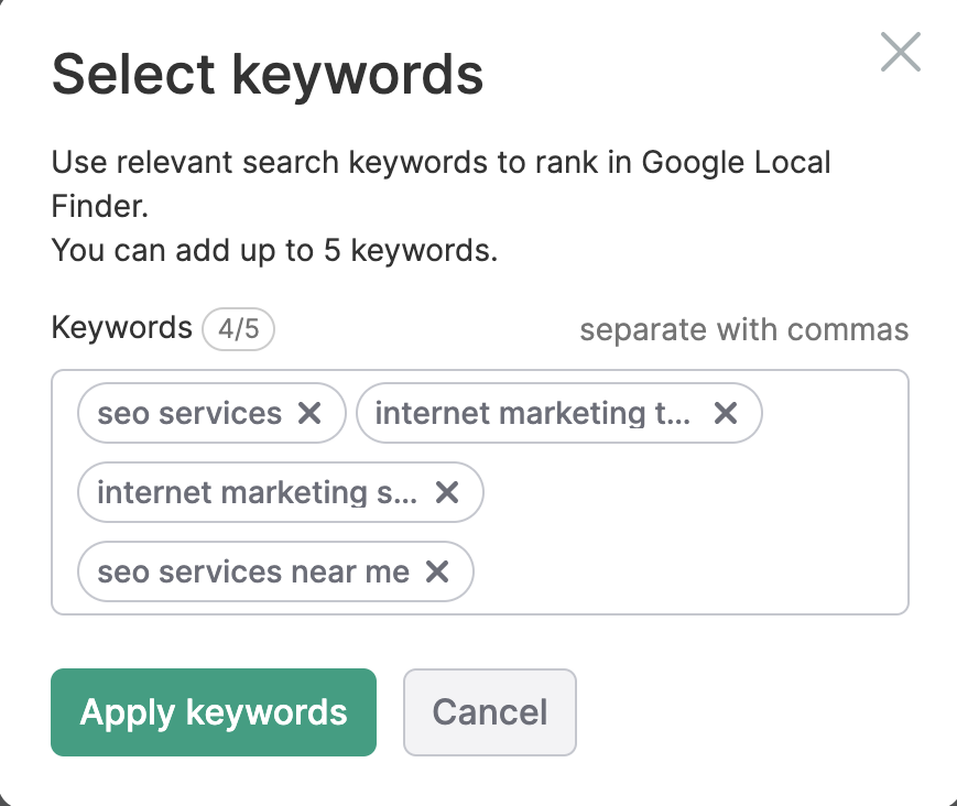 Pop-up for selecting keywords. 