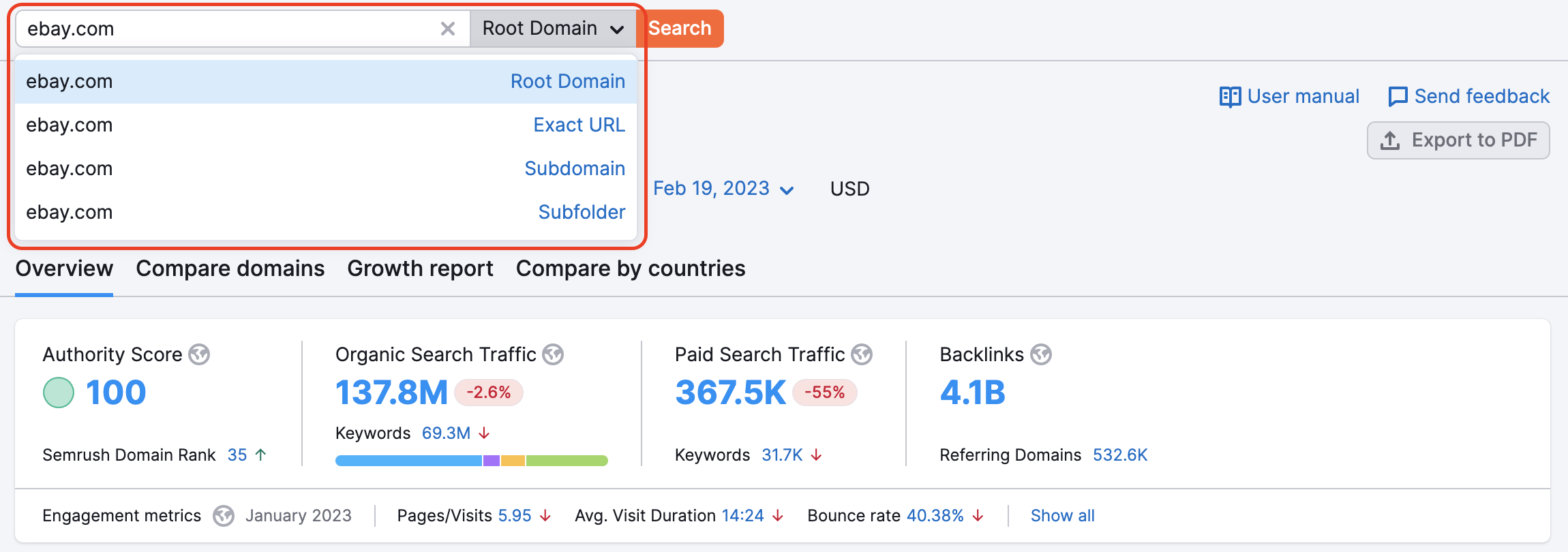 After entering a website into a search bar, open the dropdown menu via the arrow icon on the right. The list of available options (root domain, exact URL, subdomain, subfolder) will be available for selection.