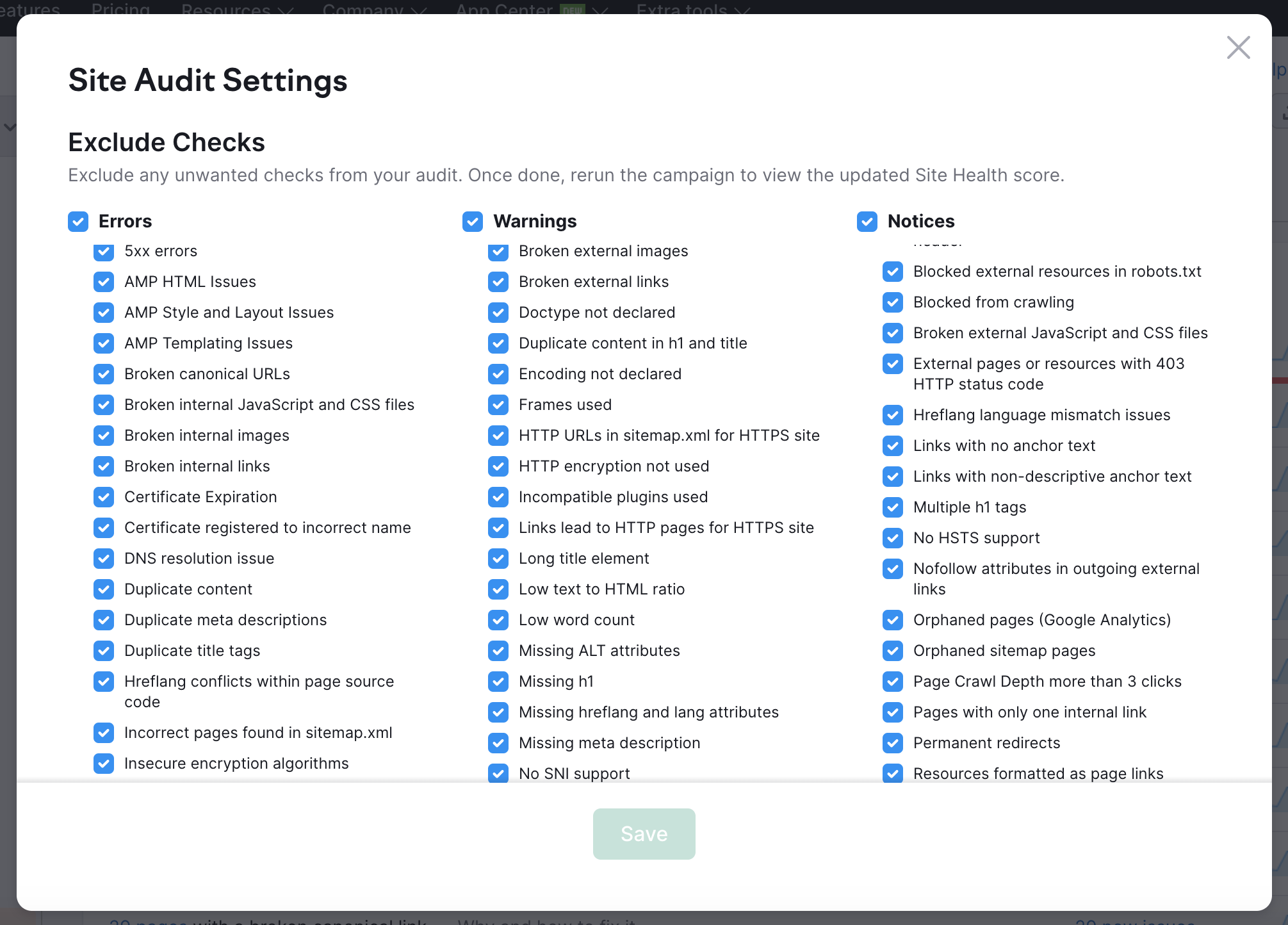 Excluding Site Audit check