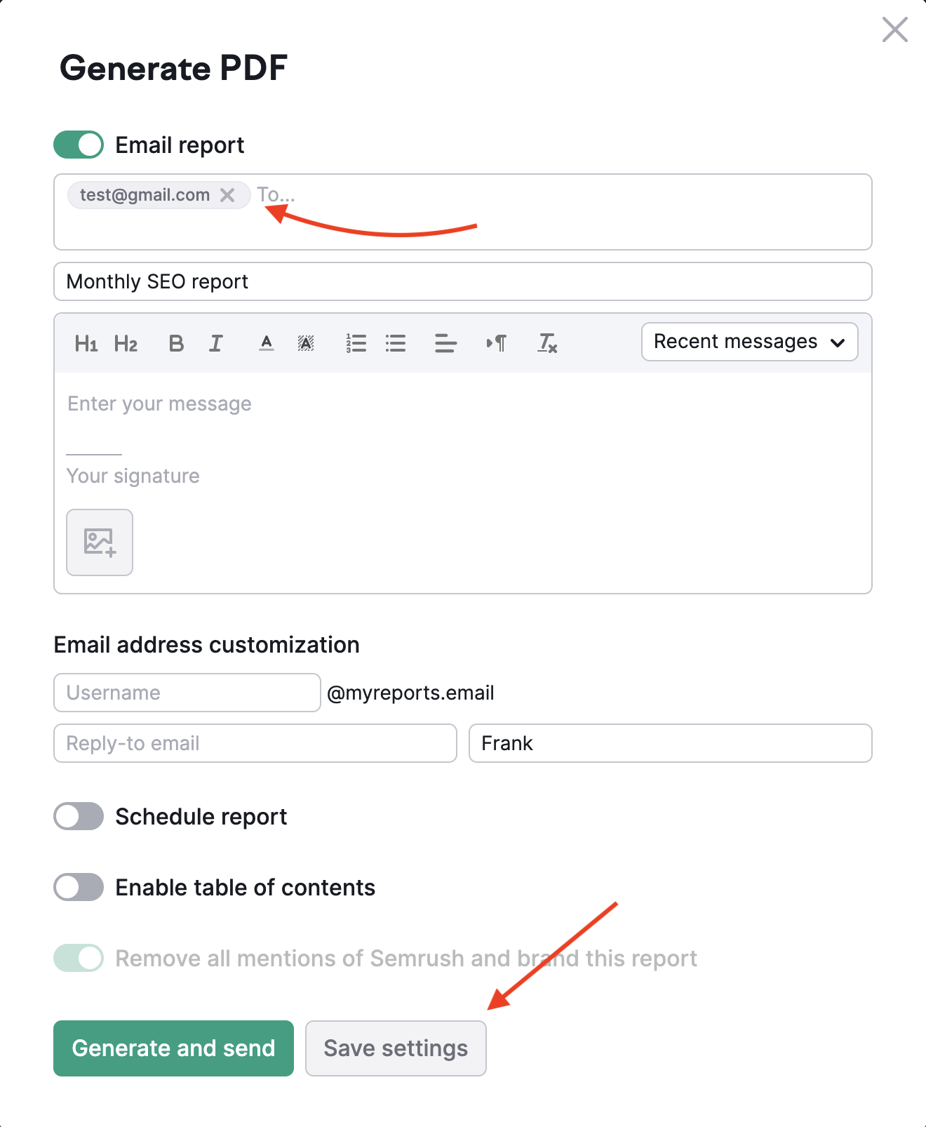 Adding email and saving settings for a PDF report