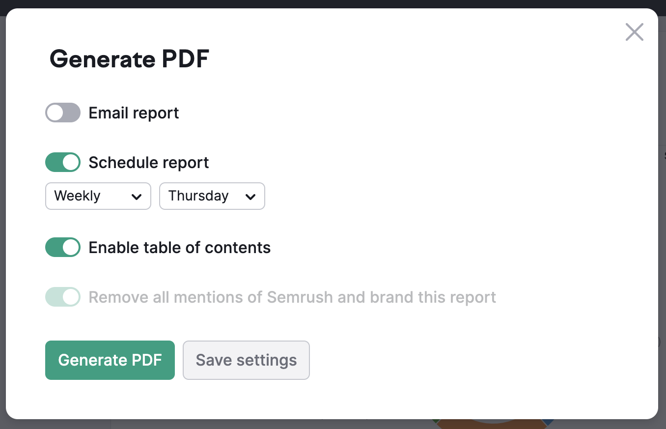 Enabling scheduling and table of contents for a PDF report