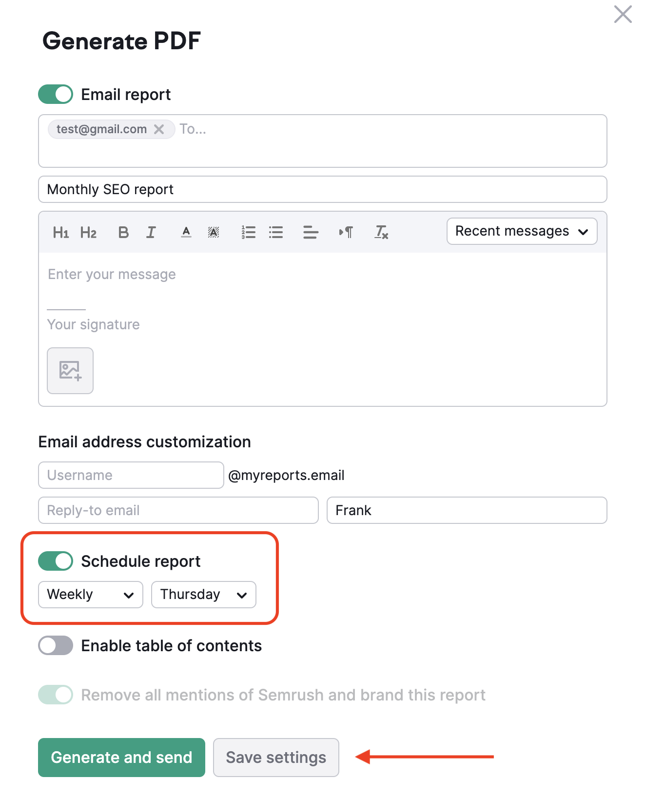 Scheduling report and saving settings