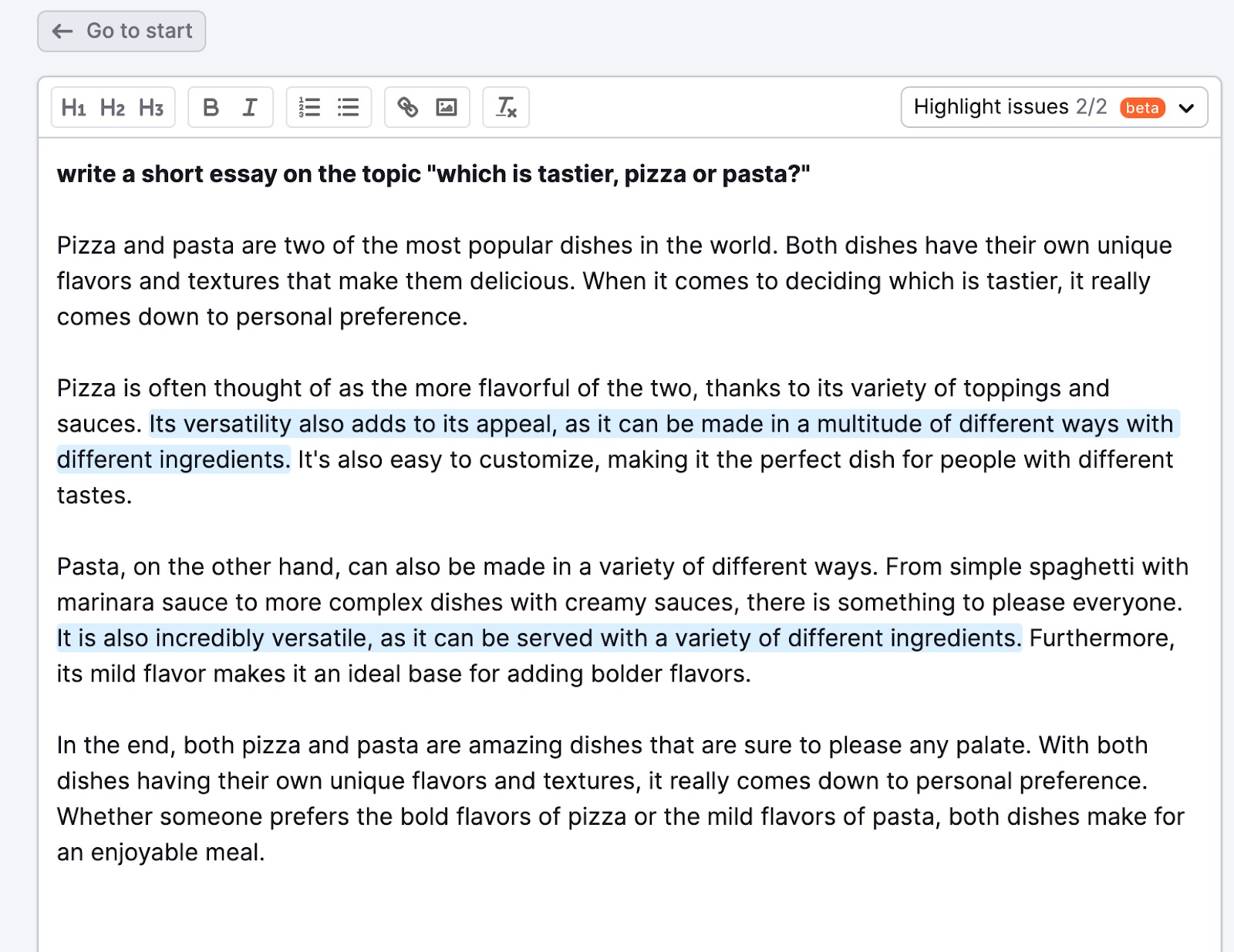 Beispiel der Funktion „Mit KI schreiben“. In diesem Beispiel bittet der Benutzer das Tool: „Schreibe einen kurzen Essay zu Thema: Was ist leckerer, Pizza oder Pasta?“. Das Tool antwortet dann mit vier Absätzen zum Thema. 