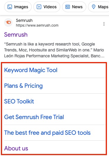 Sitelinks displayed on a mobile SERP