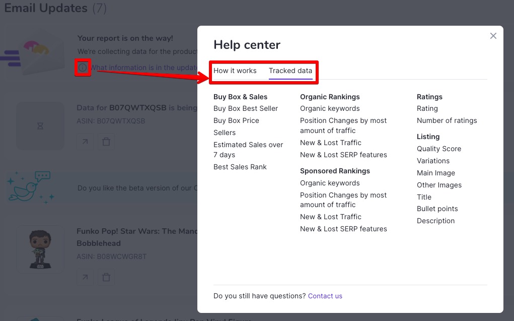 An example of the Help center page with available tabs. General explanations on how the app works are in the “How it works” tab and the list of metrics is available in the “Tracked data”.