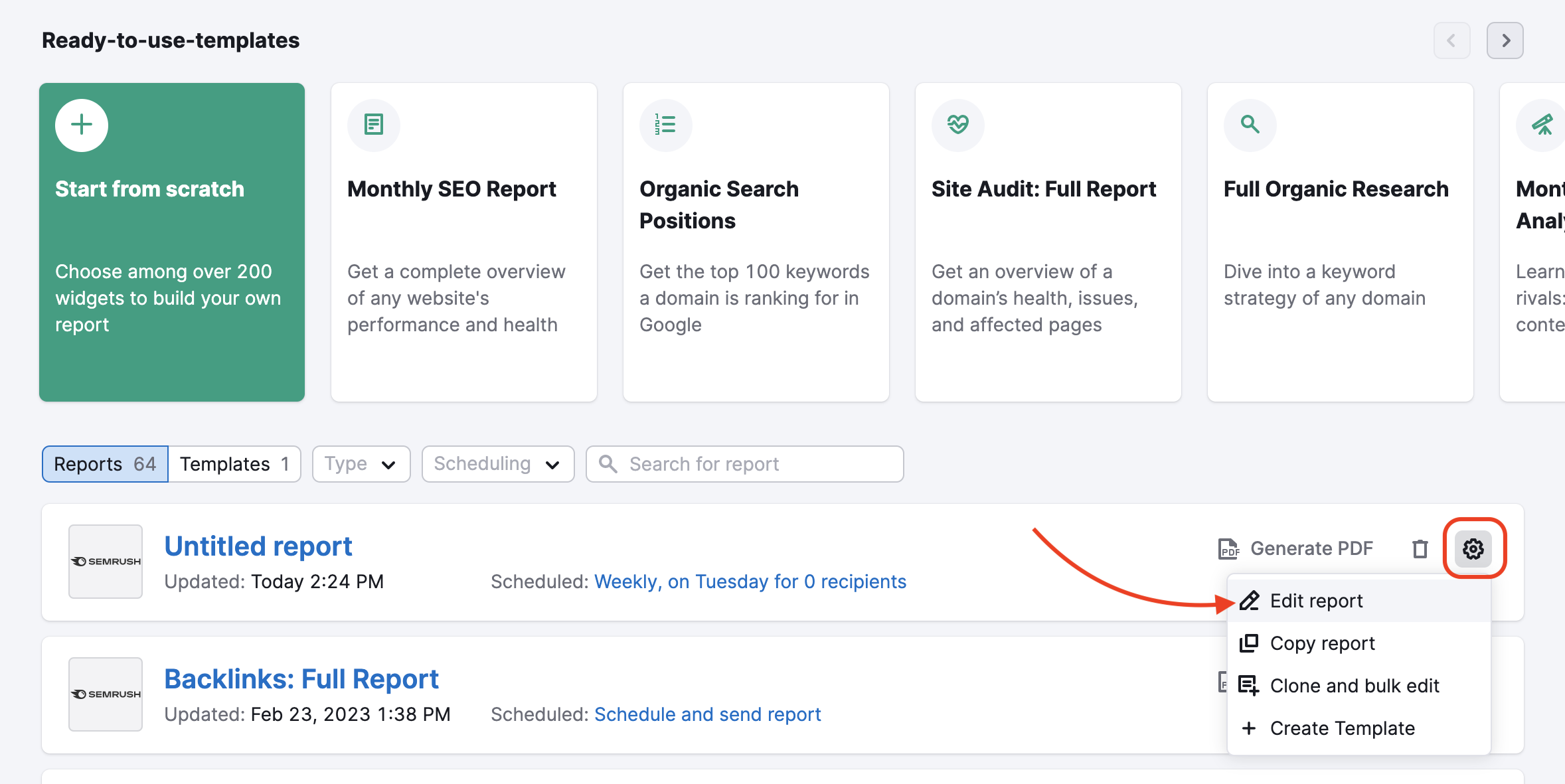 Editing a report in settings