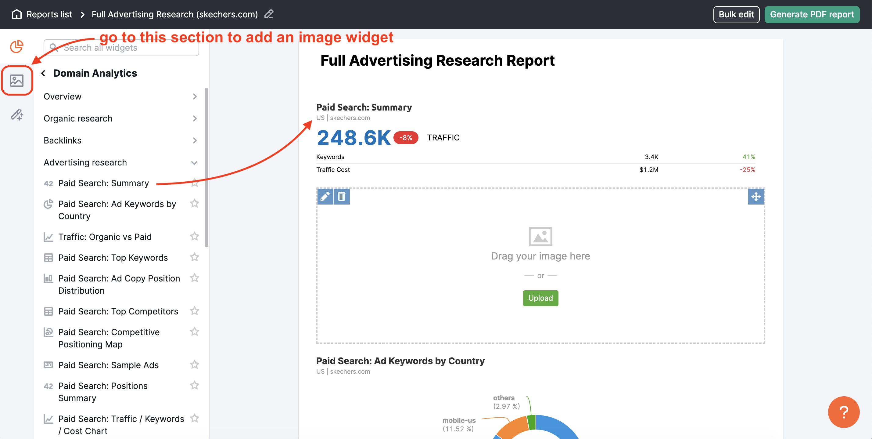 My Reports tool. Within the report builder, the first red arrow points to the paid search: summary widget within the report. The second red arrow points to the image widget in the left menu, this arrow is labelled: go to this section to add an image widget. 