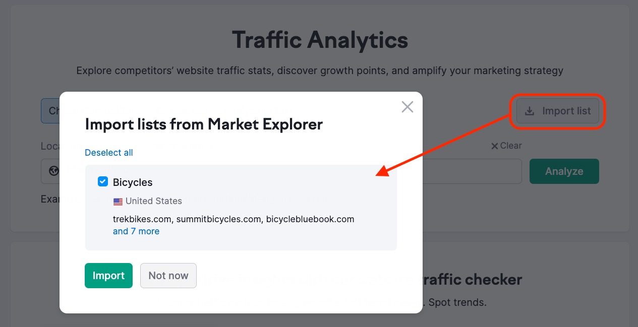 Ein Beispiel für die Landing-Page von Traffic Analytics mit einem roten Rechteck, das die Schaltfläche „Liste importieren“ auf der rechten Seite hervorhebt, und einem Pop-up-Fenster, das „Bicycles“ als ausgewählte Liste anzeigt.