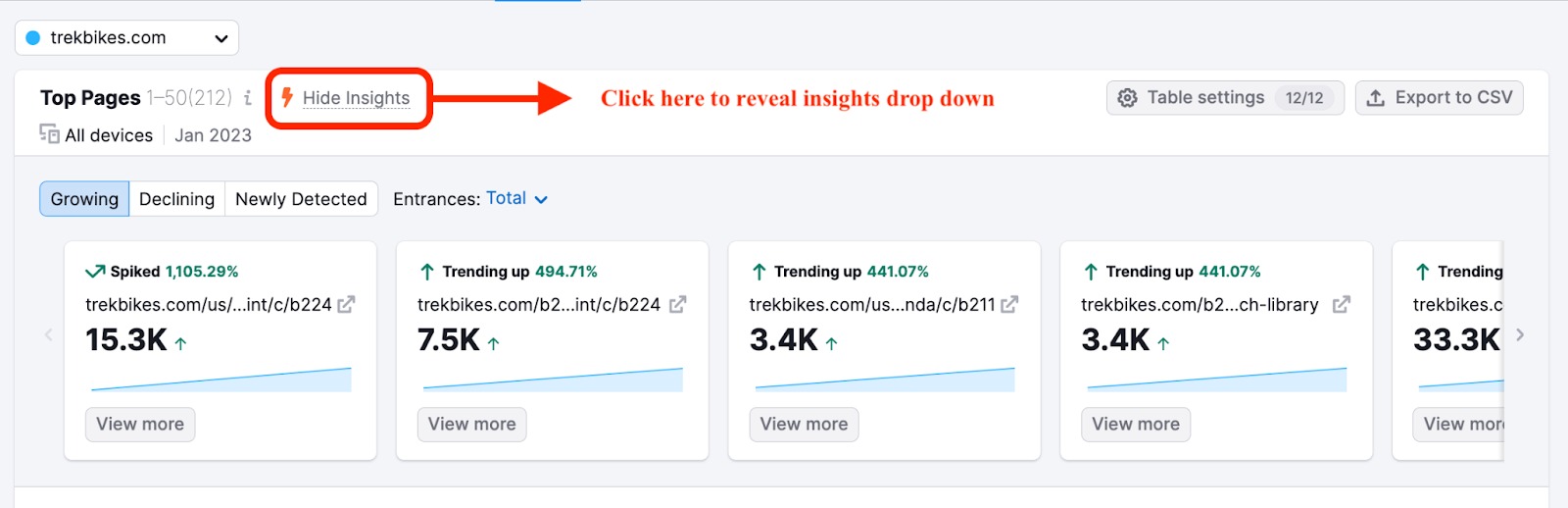 An example of the Top Pages report in Traffic Analytics. The button for hiding or showing insights is near the name of the report and is marked with a lightning icon.