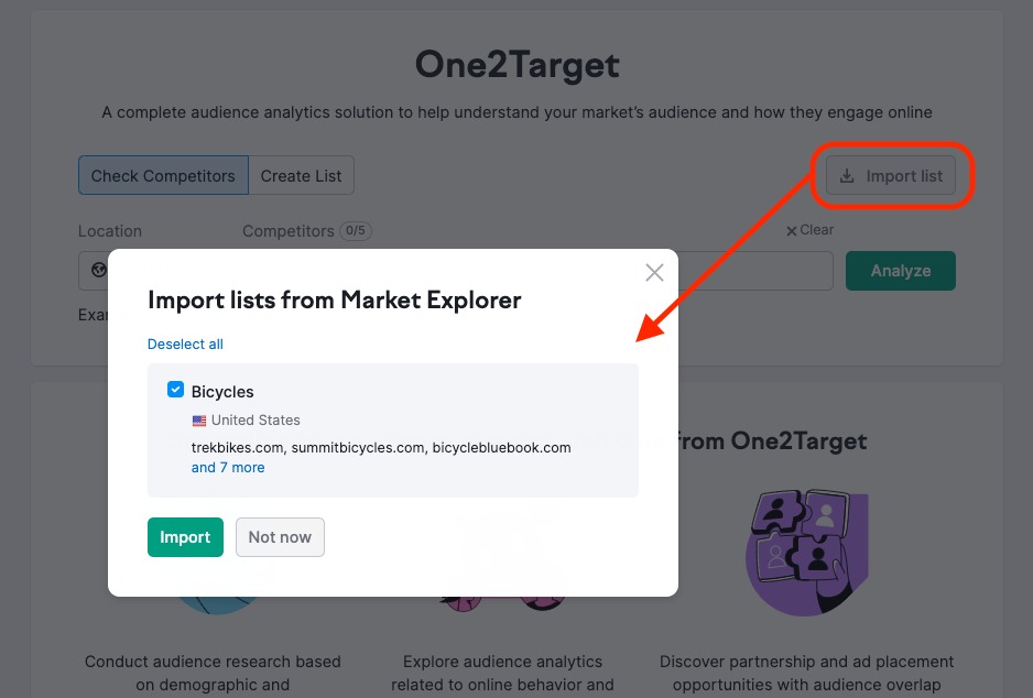 One2Target landing page with the Import List button highlighted with a red rectangle on the right side and a pop-up window showing Bicycles as a selected list.