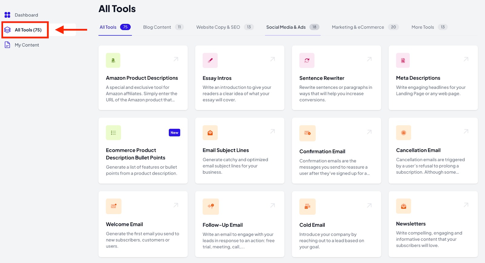 Example of the AI Writing Assitant dashboard.