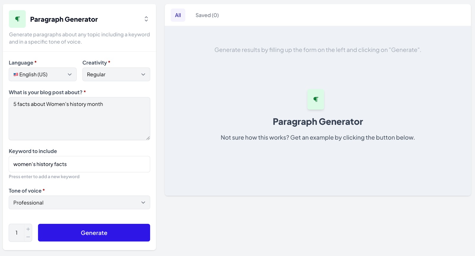An example of the AI Writing Assistant's Paragraph Generator tool.