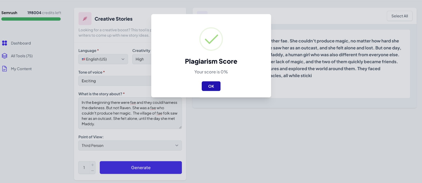 An example of the plagiarism score you will get when you check for plagiarism in the AI Writing Assistant app.