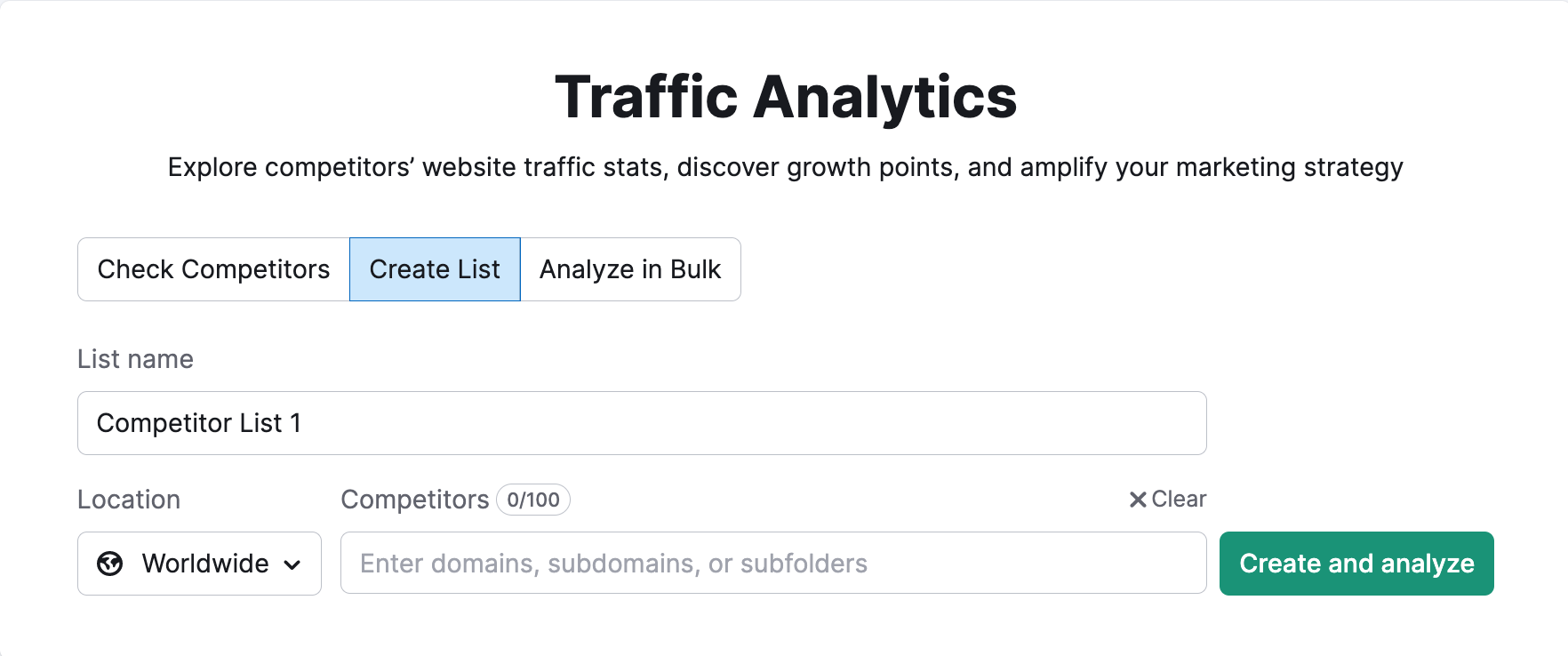 An example of the Traffic Analytics landing page with a Create List option selected.