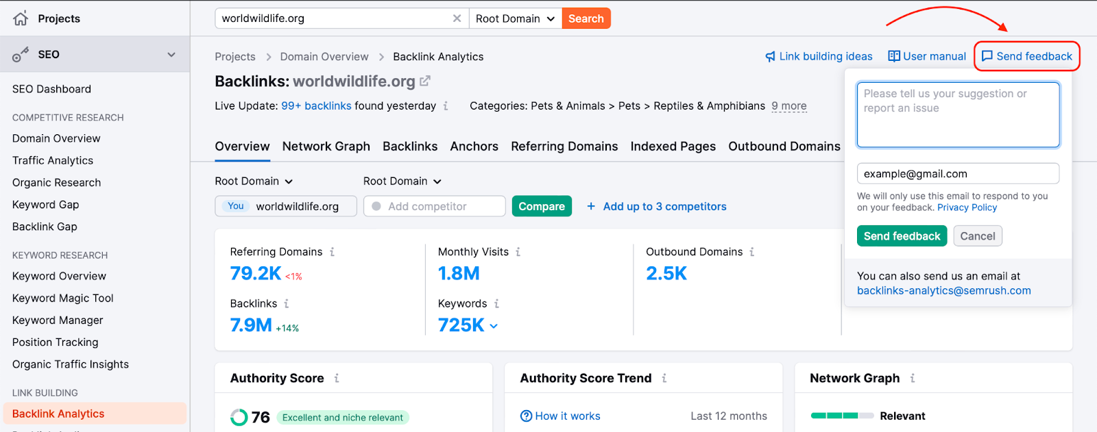 In this screenshot from the Backlink Analytics tool you can see the "Send Feedback" button in the top right corner