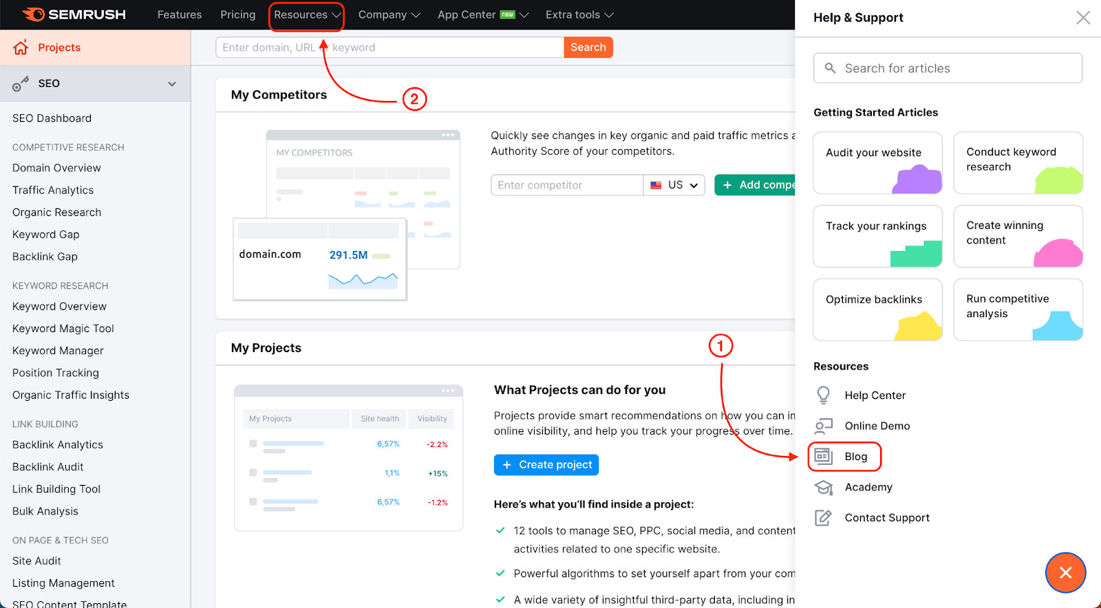 This screenshot shows how to navigate to Blog via the help menu in the bottom right corner or via "Resources" on top of the page