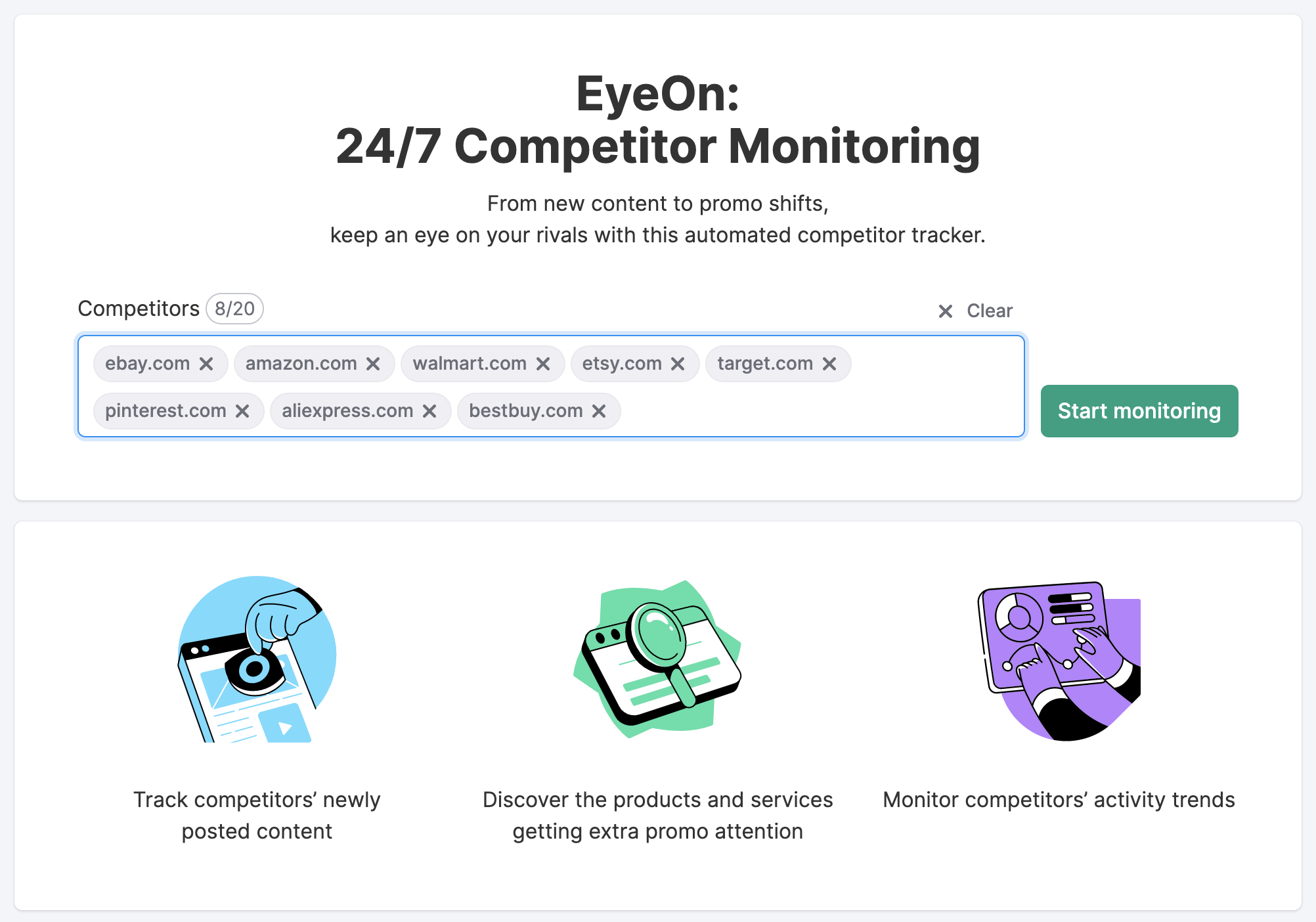 Landing page de EyeOn con los sitios web para analizar
