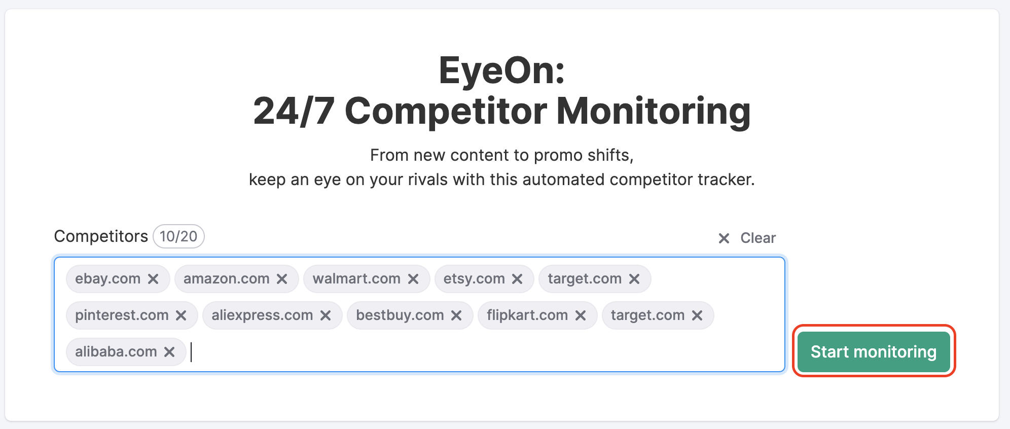 Page de destination EyeOn affichant les sites Web à analyser et le bouton « Démarrer le suivi » en évidence