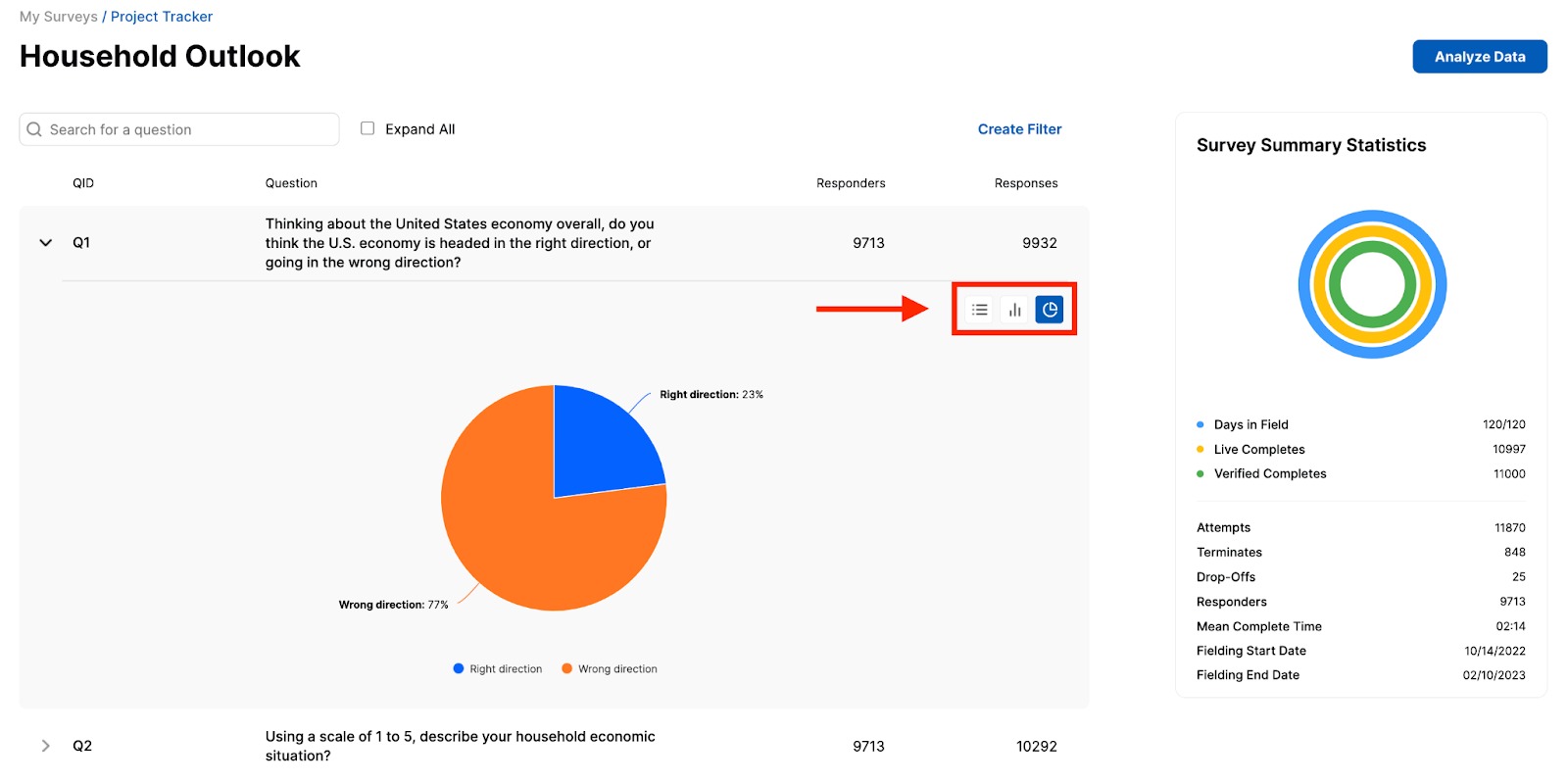 How to choose a chart type in the Project Tracker page of the Consumer Surveys app by Semrush.