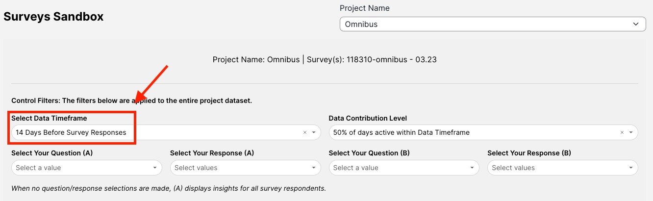 How to choose a data time frame in the Surveys Sandbox section of the Consumer Surveys app.