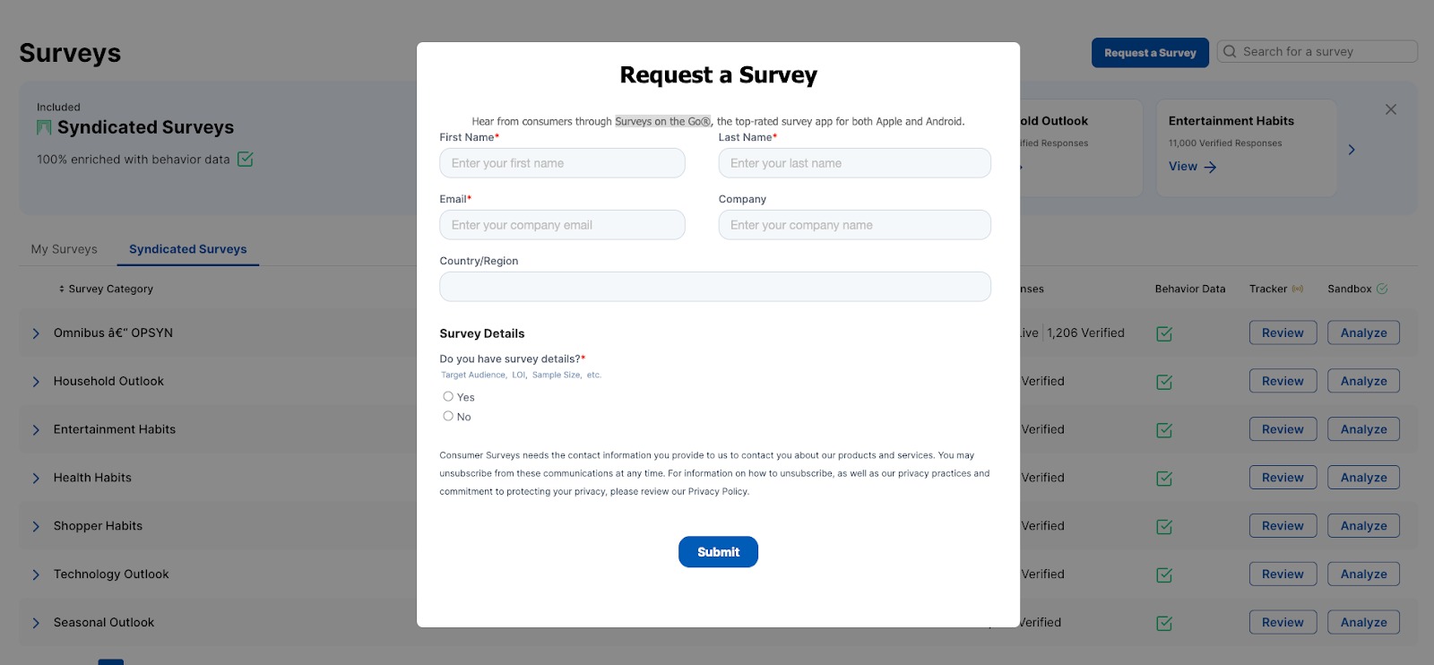 Example of request survey form in the Consumer Surveys app by Semrush.