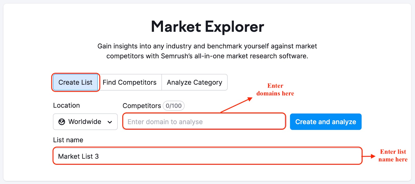 A screenshot of the "Market Explorer" landing page with highlighted "Create List", "Enter domain", and "List name" buttons