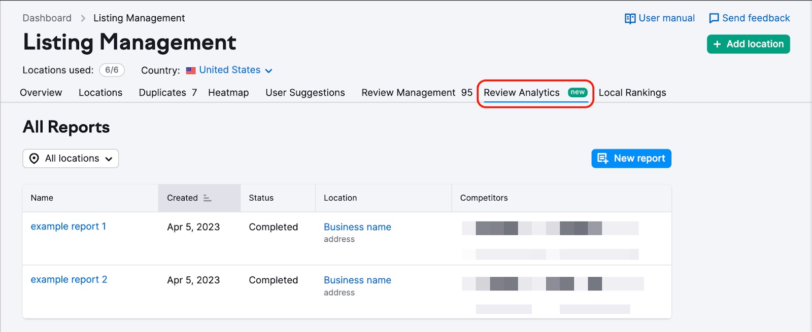 Screenshot from Listing Management with the highlighted "Review Analytics" report