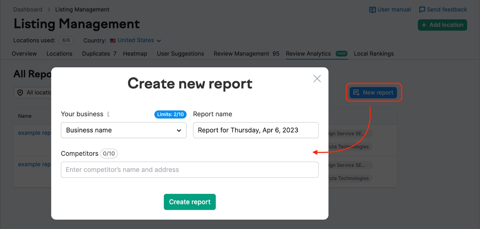 In this screenshot you can see how to create a report by clicking a blue "New report" button. 