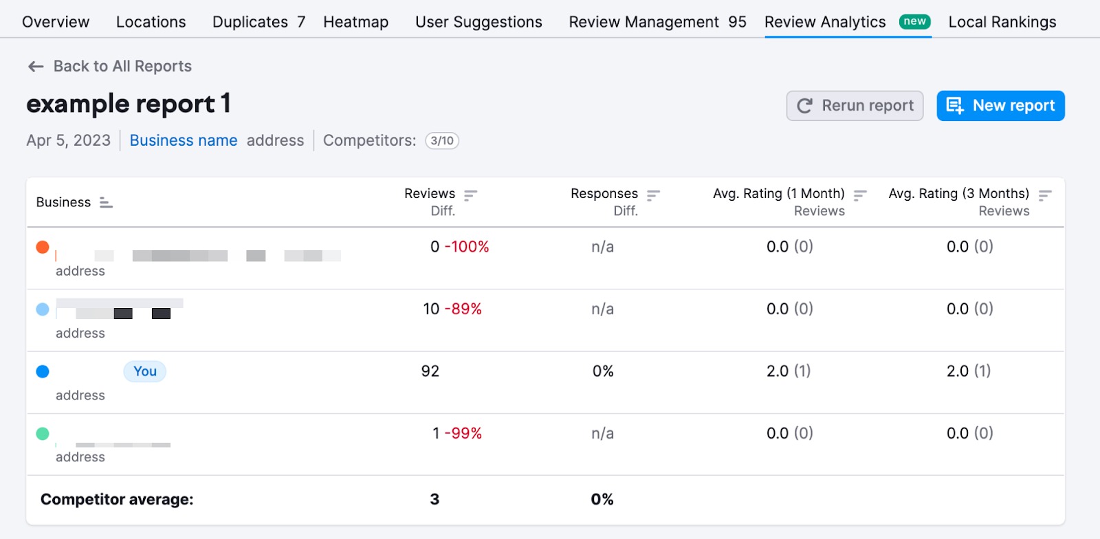 A screenshot with the example report showing reviews, ratings, and average ratings for 1 and 3 months. 