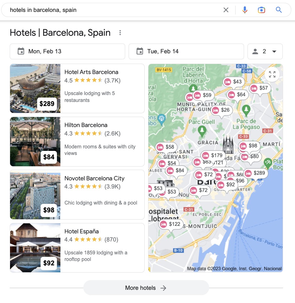 Le bloc affiche des hôtels situés à Barcelone qu’il apparaît en réponse a « Hôtels Barcelone Espagne ».