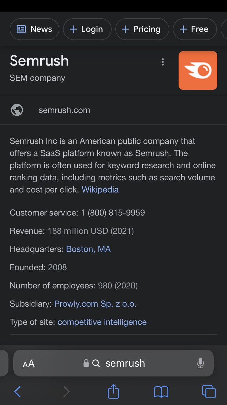 Knowledge panel on a mobile SERP