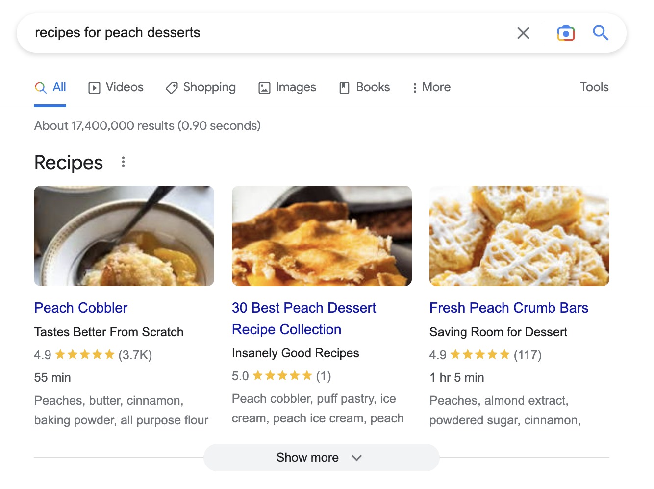 Recipes SERP feature on desktop devices
