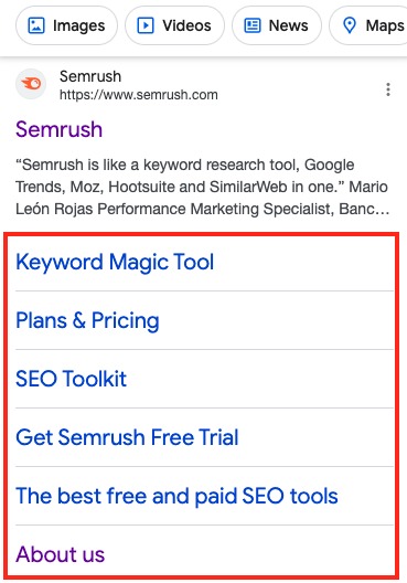 Sitelinks displayed on a mobile SERP