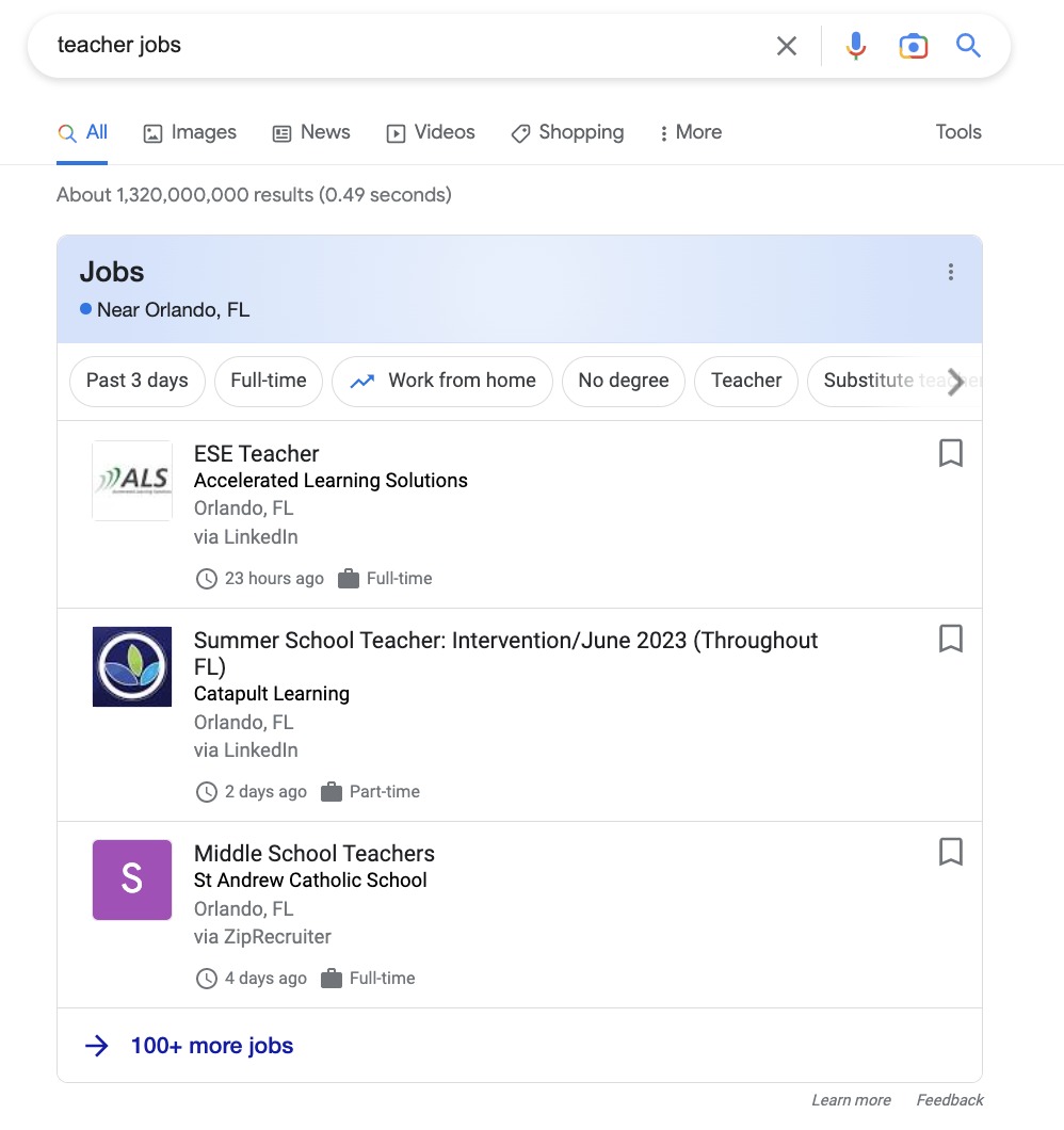 Jobs SERP feature on desktop devices