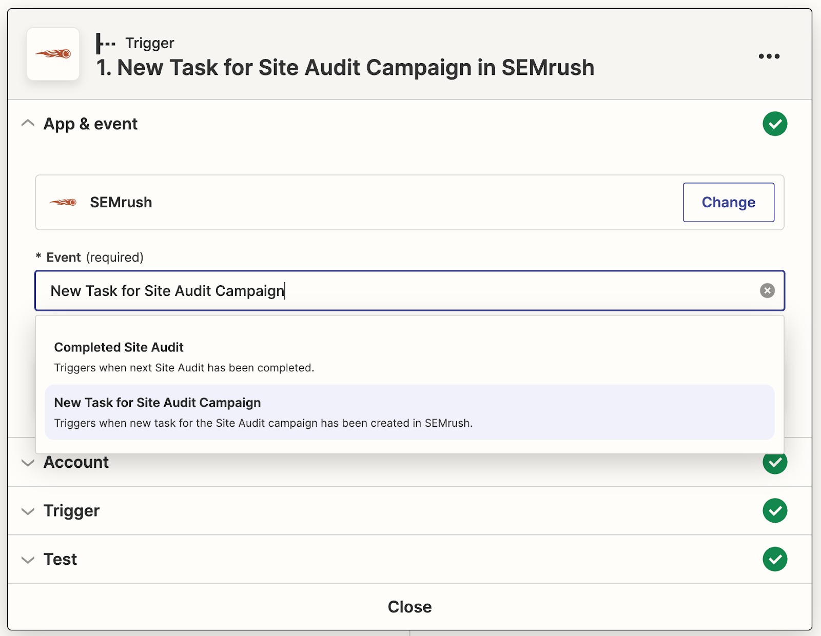 Screenshot from Zapier showing how to select  "New Task for Site Audit Campaign" event in the drop-down.