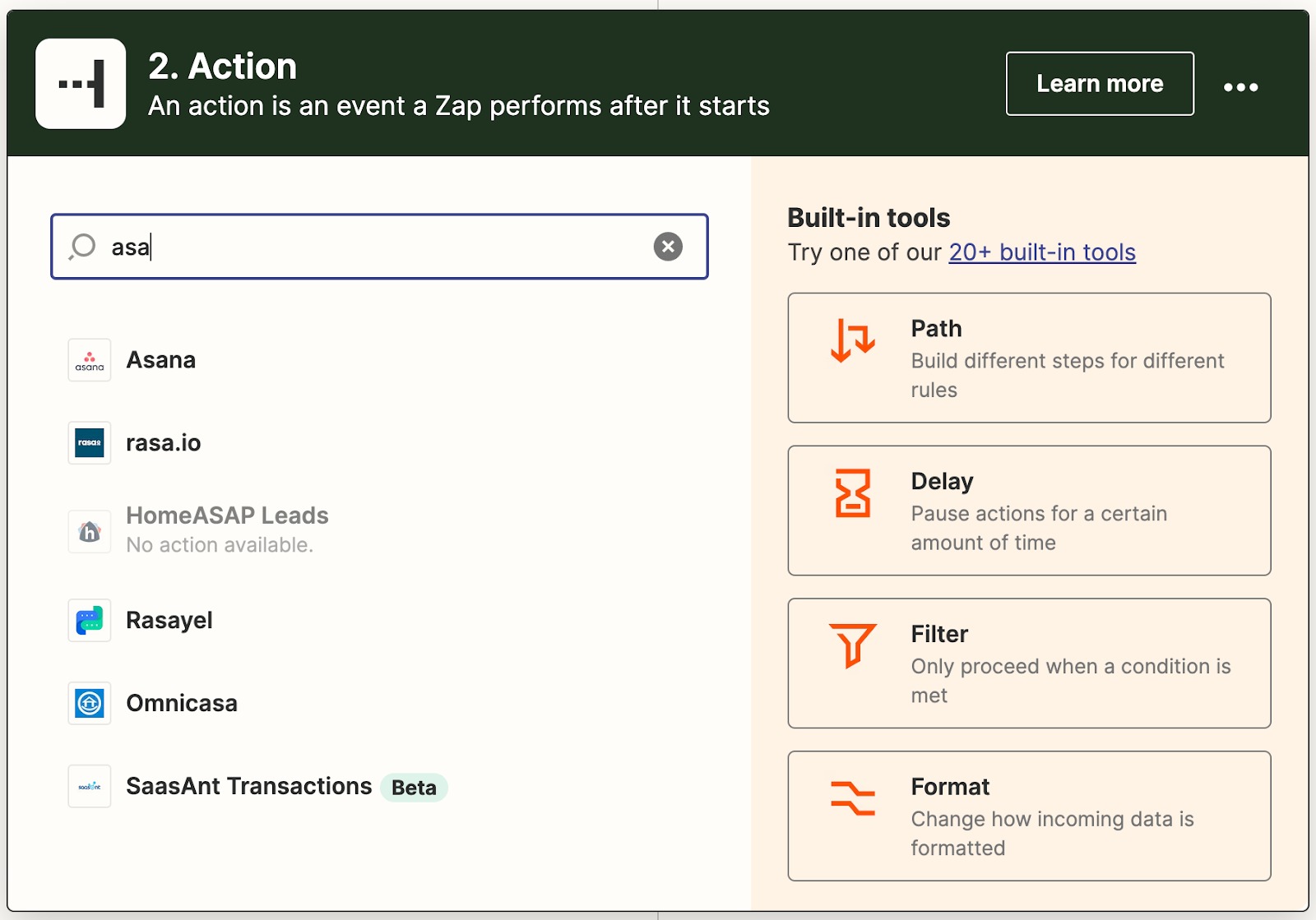 Screenshot from Zapier showing how to find Asana in the connectors.