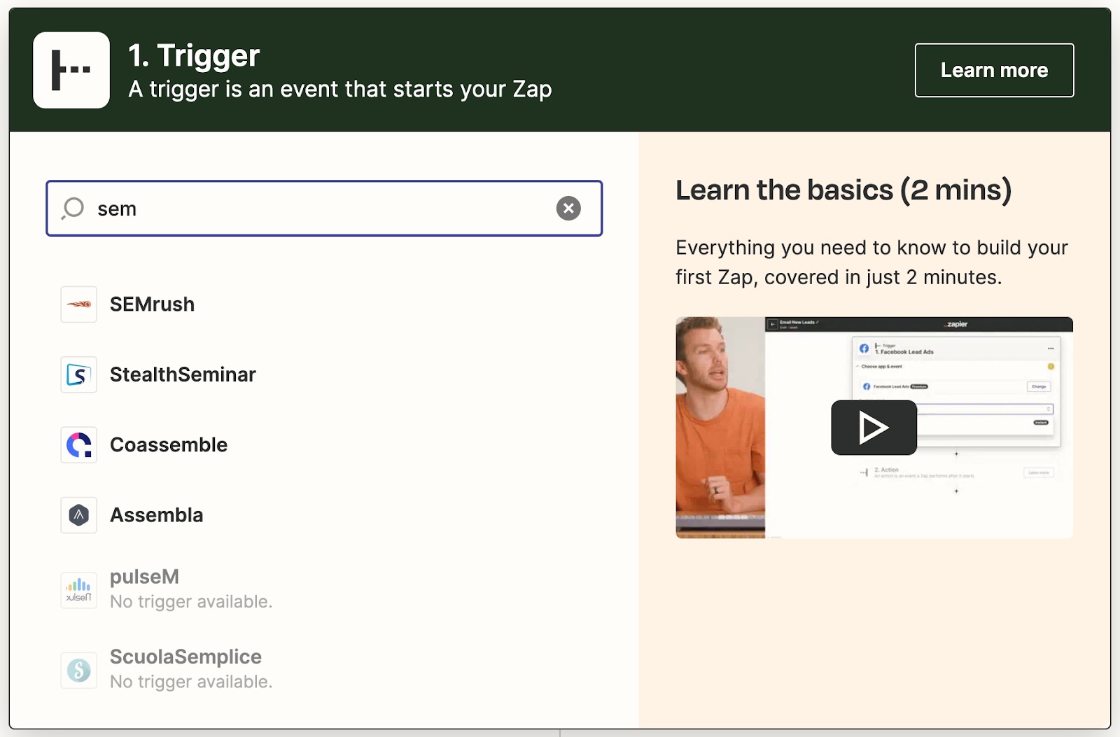 Screenshot from Zapier showing how to find a Semrush connector.