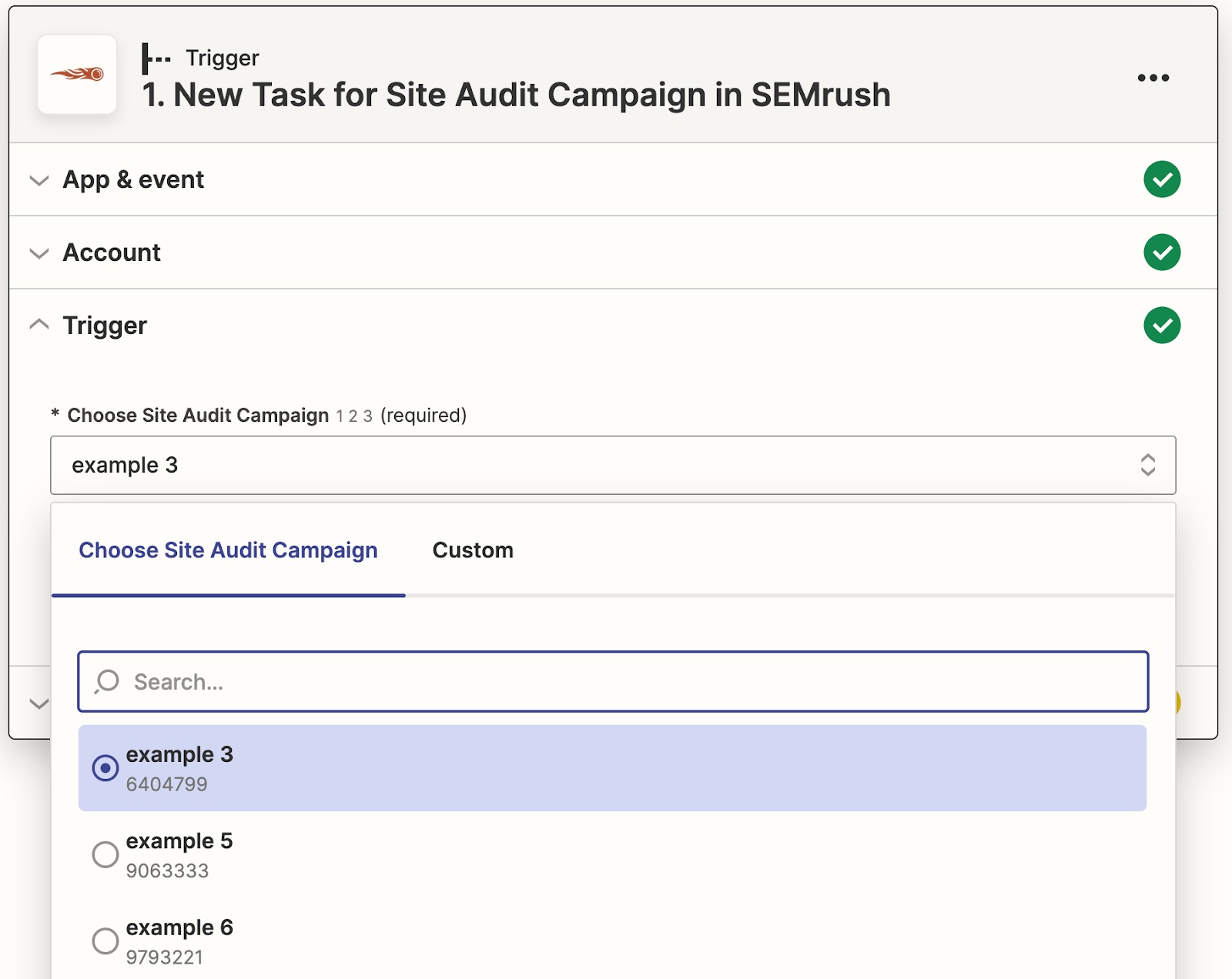 Screenshot from Zapier showing how to select a Site Audit campaign in the drop-down.