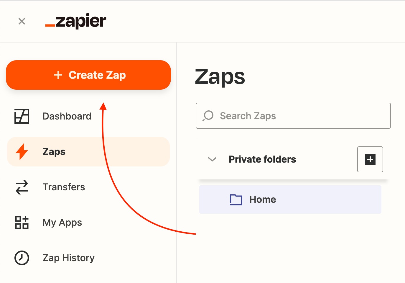 Screenshot from Zapier with a red arrow pointing to the "Create Zap" button in the top right corner.