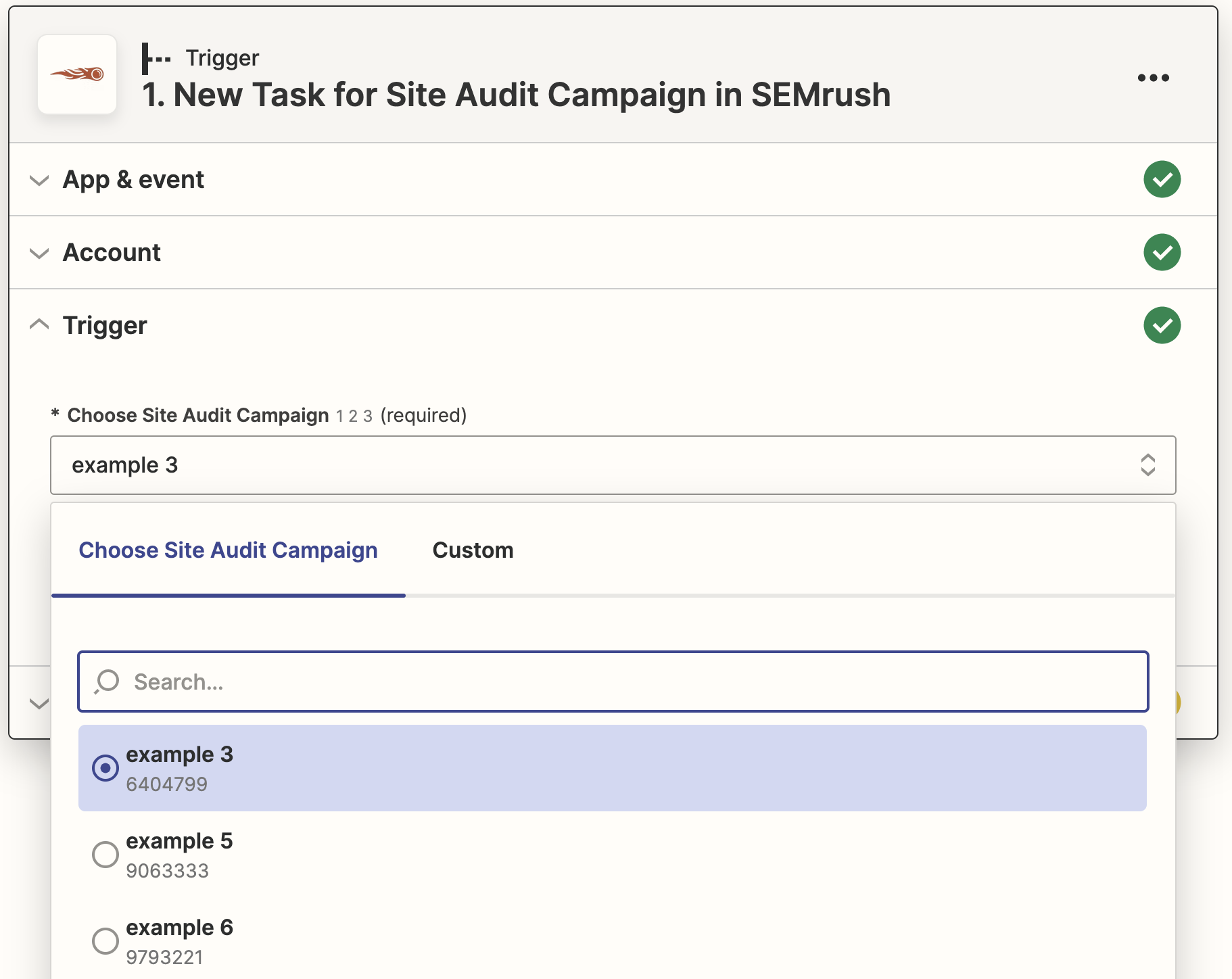 Screenshot from Zapier showing how to select  a Site Audit campaign in the drop-down.