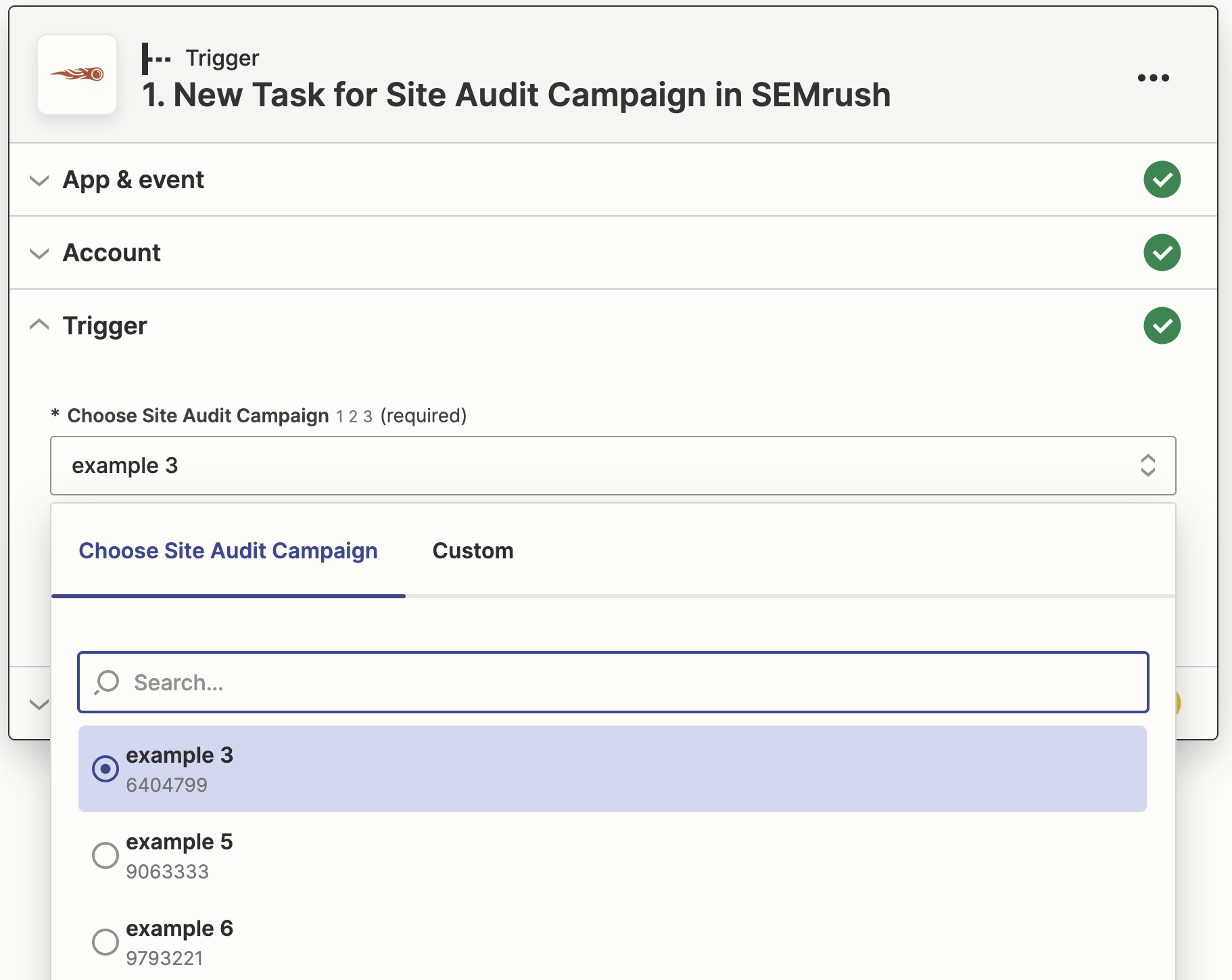 Screenshot from Zapier showing how to select a Site Audit campaign in the drop-down.