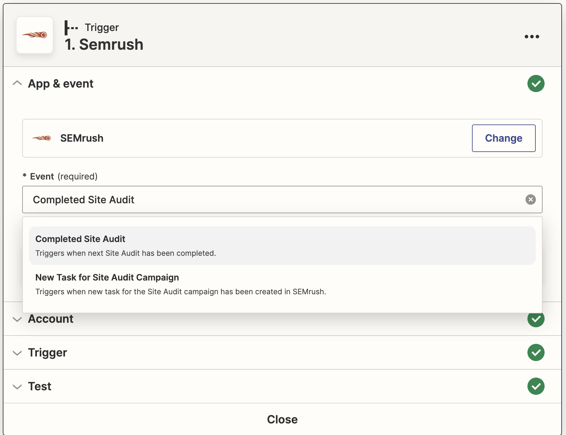 Screenshot from Zapier showing events "Completed Site Audit" and "New Task for Site Audit Campaign"