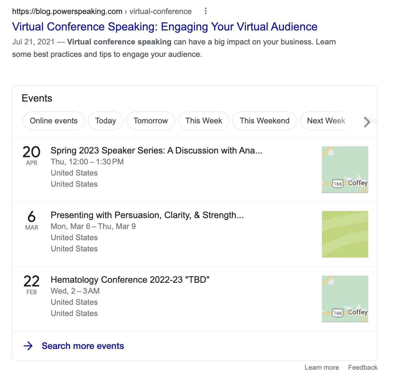 What Events SERP feature looks like on desktop devices