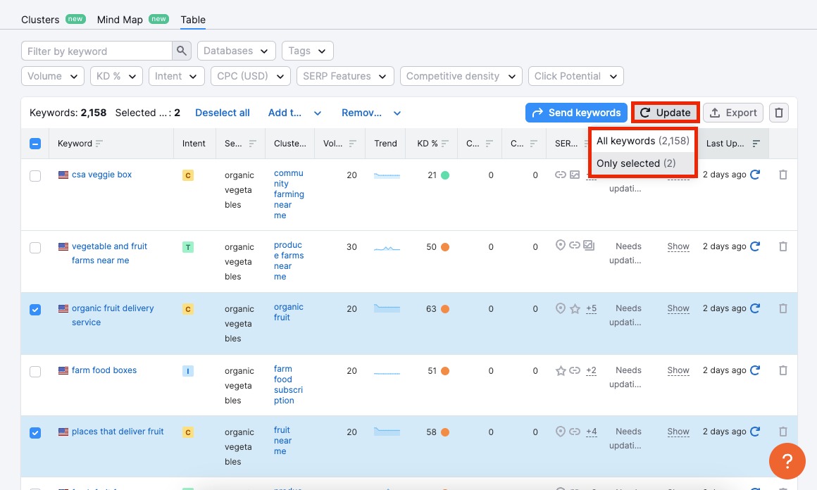 Where the Update metrics option is located and what options are available.