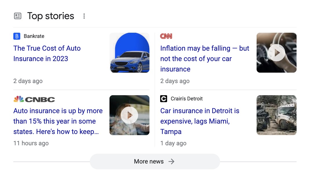 What Top Stories on desktop results look like