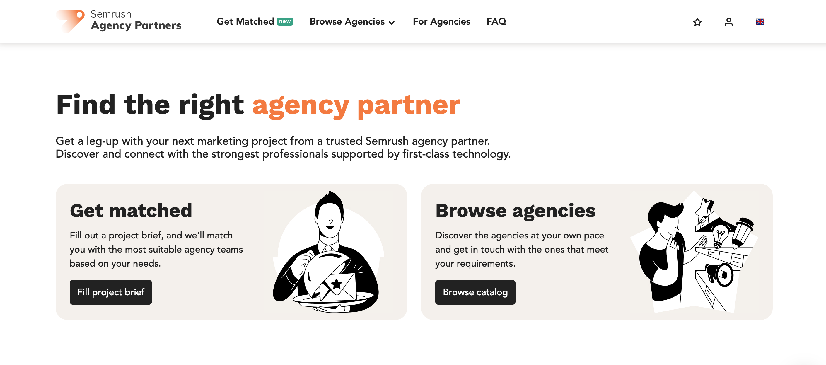 La page d’accueil de la plateforme Agences partenaires avec des boutons vous permettant de décrire votre projet et d’être mis en relation avec une agence ou de parcourir le catalogue des agences. 
