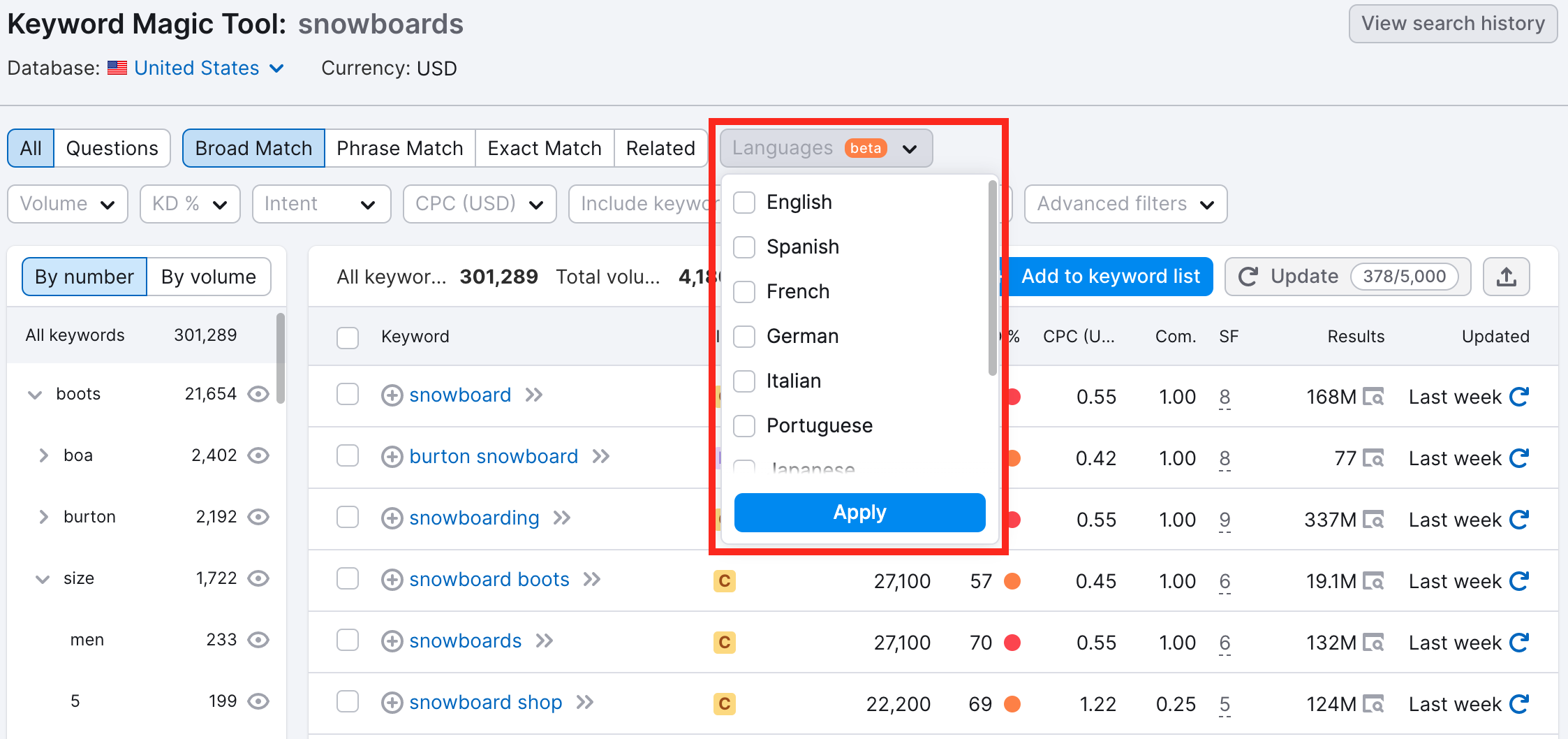 Keyword Magic Tool dashboard with a red rectangle highlighting the languages filter when opened up. 